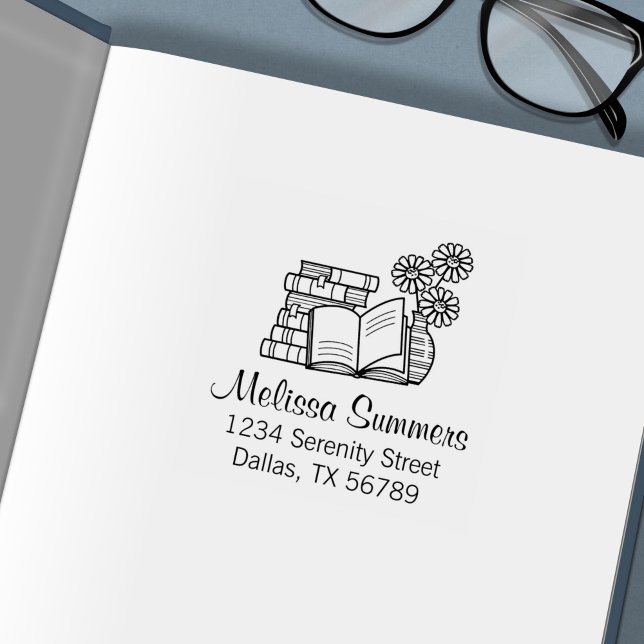 Stack of Books, Open Book, Flowers - Address Self-inking Stamp (Creator Uploaded)