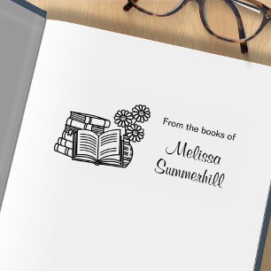 Stack of Books, Open Book, Flowers - Bookplate Rubber Stamp