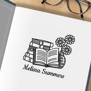 Stack of Books, Open Book, Flowers Bookplate Rubber Stamp