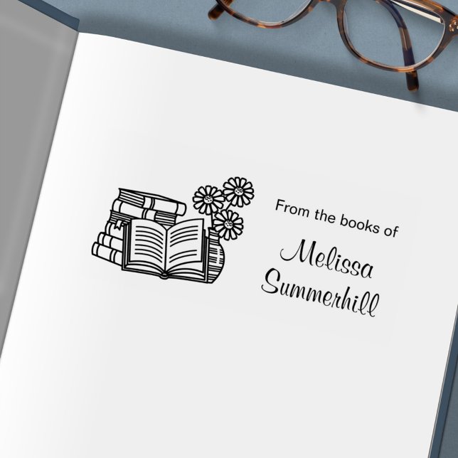 Stack of Books, Open Book, Flowers - Bookplate Self-inking Stamp (Creator Uploaded)