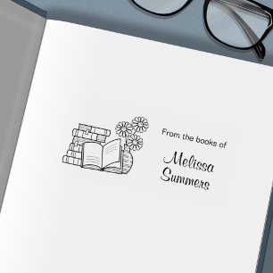 Stack of Books, Open Book, Flowers - Bookplate Self-inking Stamp