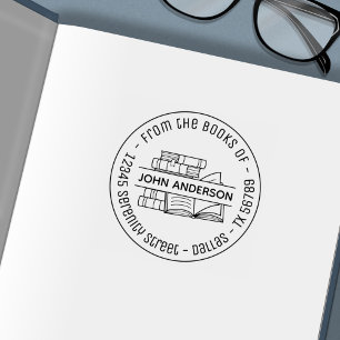 Stack of Books Round Address Bookplate 3 Self-inking Stamp