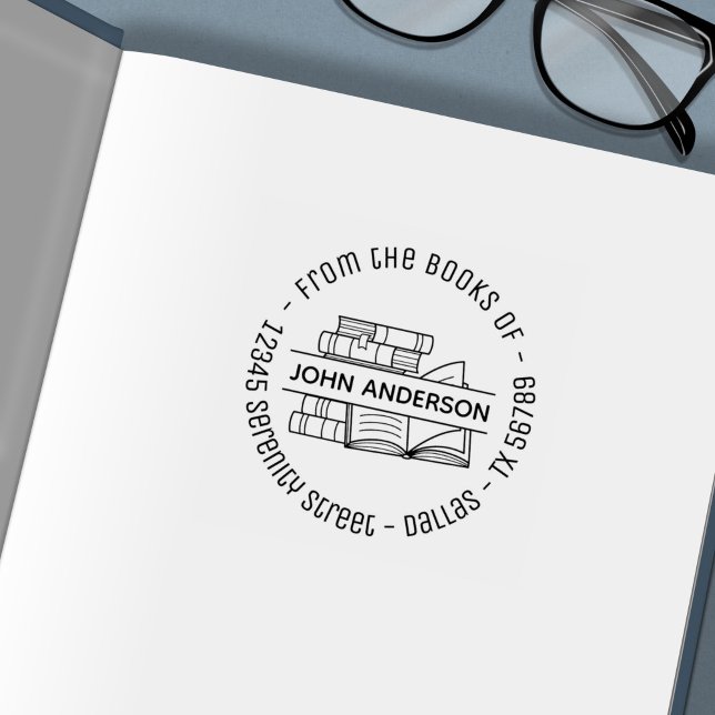 Stack of Books Round Address Bookplate Self-inking Stamp (Creator Uploaded)