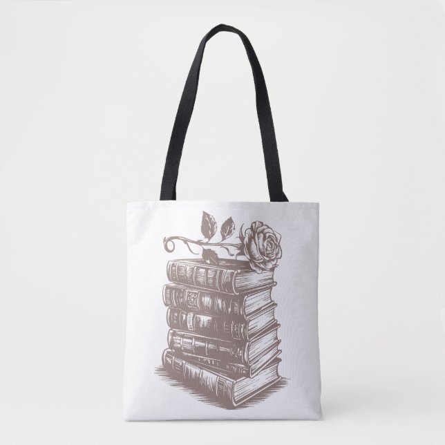 Stack of Books topped with a Rose Tote Bag (Front)