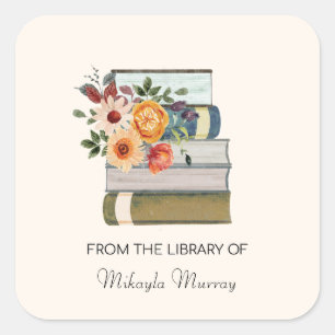 Stack of Books with Flowers Personalised Bookplate Square Sticker