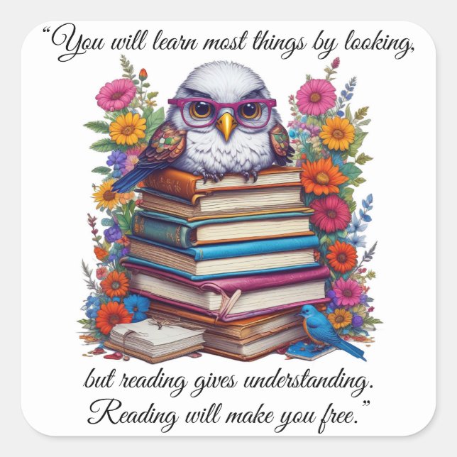 Stack Of Books With Owl And Colourful Flowers Square Sticker (Front)