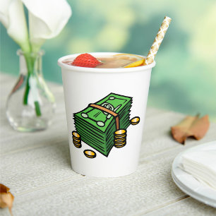 Stack of Cash with Coins Money Paper Cups