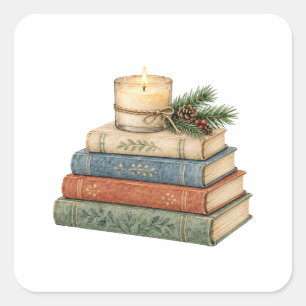 Stack of Cosy Books with Candle and Pine Square Sticker