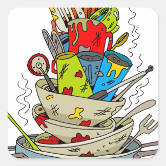Stack of Dirty Dishes Cartoon Square Sticker