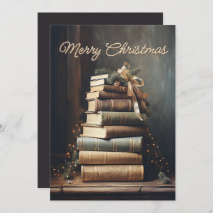 Stack of old books with Christmas Decorations Holiday Card