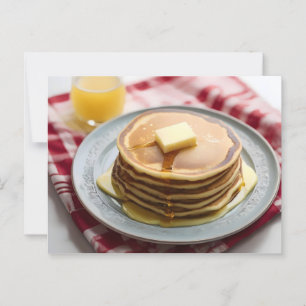 Stack of pancakes on plate covered with syrup postcard