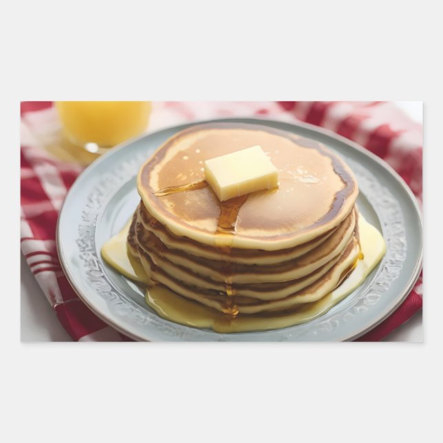 Stack of pancakes on plate covered with syrup  rectangular sticker (Front)
