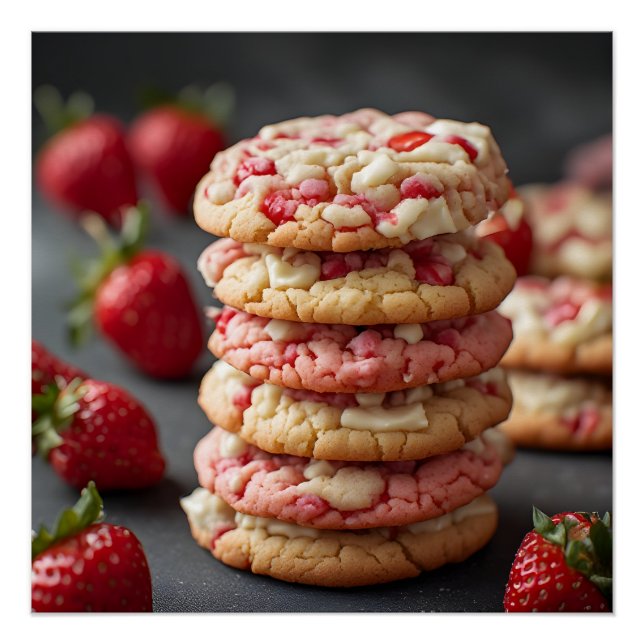 Stack Of Strawberry White Chocolate Chip Cookies Poster (Front)
