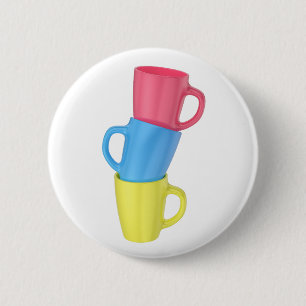 Stack of three colorful ceramic mugs 6 cm round badge
