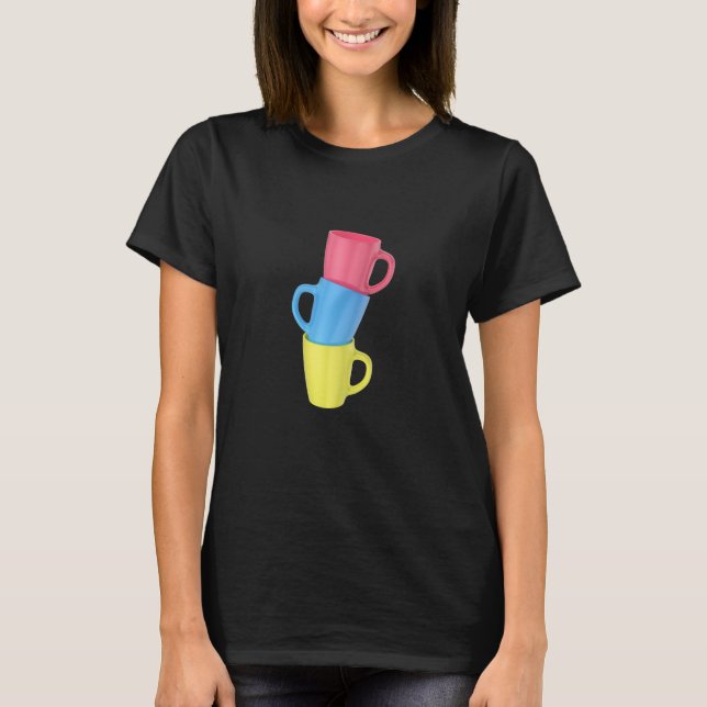 Stack of three colorful ceramic mugs T-Shirt (Front)