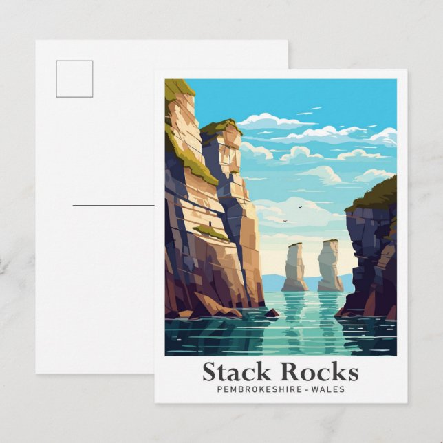 Stack Rocks Pembrokeshire Travel Illustration Postcard (Front/Back)