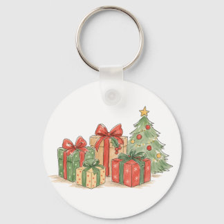 Stacked Christmas Gifts with Tree for Holiday Gift Key Ring