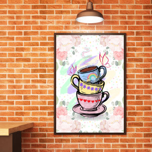 Stacked Coffee Cups Colourful Wall Poster
