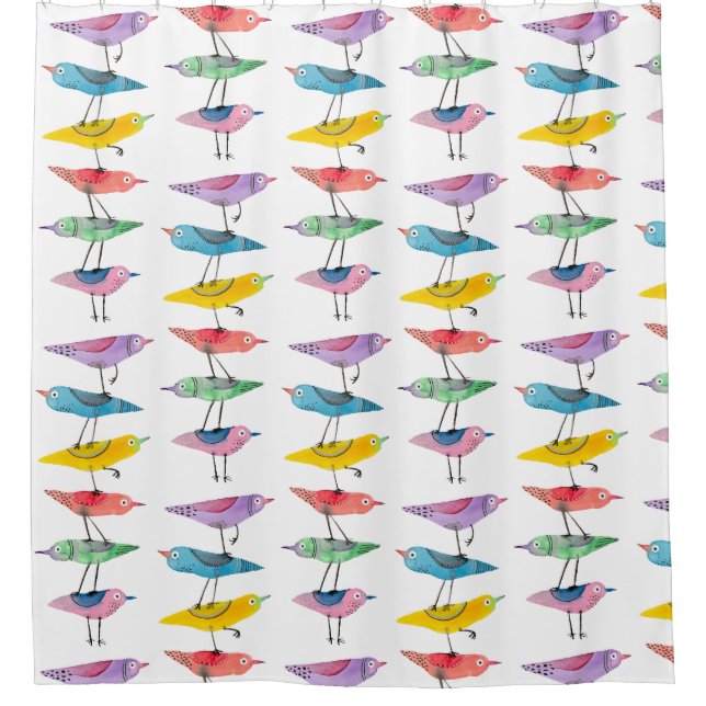Stacked Colourful Bird Shower Curtain (Front)