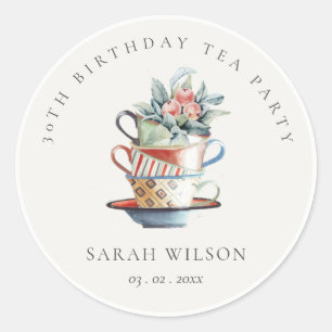 Stacked Cups Floral Any Age Birthday Tea Party Classic Round Sticker