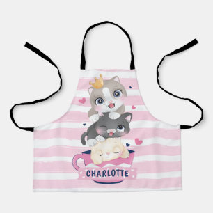 Stacked Cute Cartoon Cats Pink Distressed Stripes Apron