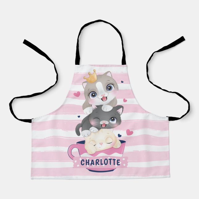 Stacked Cute Cartoon Cats Pink Distressed Stripes Apron (Front)