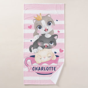 Stacked Cute Cartoon Cats Pink Distressed Stripes Bath Towel