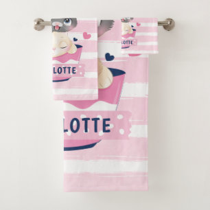 Stacked Cute Cartoon Cats Pink Distressed Stripes Bath Towel Set