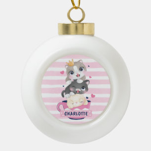 Stacked Cute Cartoon Cats Pink Distressed Stripes Ceramic Ball Christmas Ornament