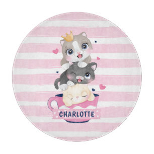 Stacked Cute Cartoon Cats Pink Distressed Stripes Cutting Board