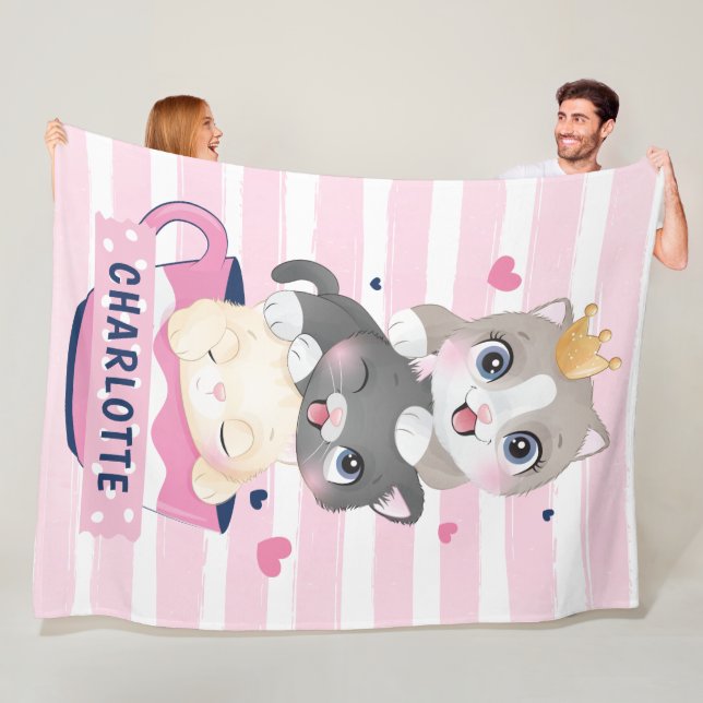 Stacked Cute Cartoon Cats Pink Distressed Stripes Fleece Blanket (In Situ)