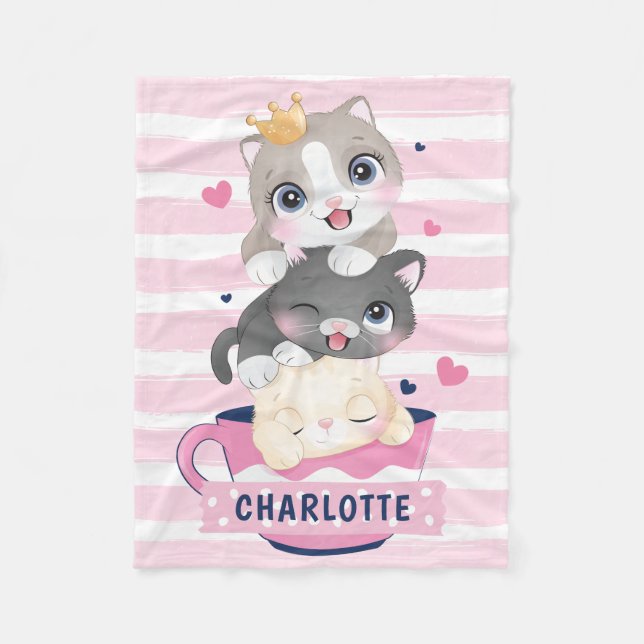 Stacked Cute Cartoon Cats Pink Distressed Stripes Fleece Blanket (Front)