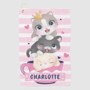 Stacked Cute Cartoon Cats Pink Distressed Stripes Golf Towel