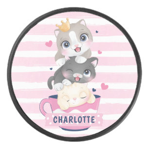 Stacked Cute Cartoon Cats Pink Distressed Stripes Hockey Puck