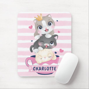 Stacked Cute Cartoon Cats Pink Distressed Stripes Mouse Mat