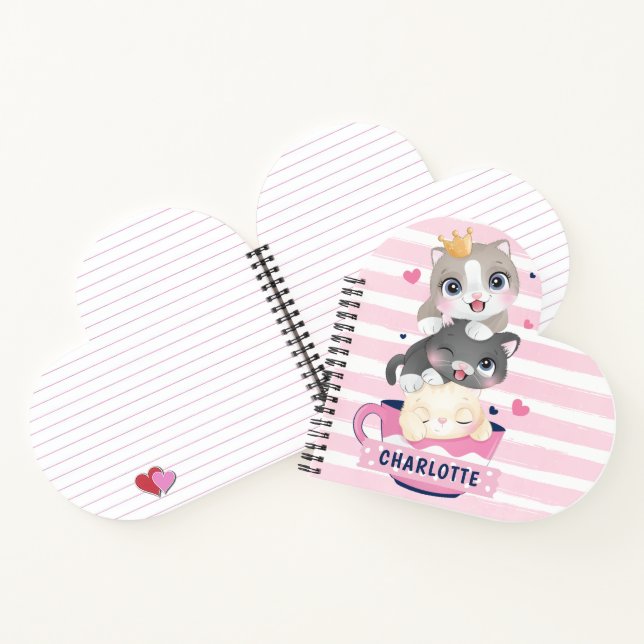 Stacked Cute Cartoon Cats Pink Distressed Stripes Notebook (Inside)