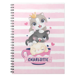 Stacked Cute Cartoon Cats Pink Distressed Stripes Notebook