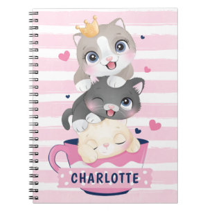 Stacked Cute Cartoon Cats Pink Distressed Stripes Notebook