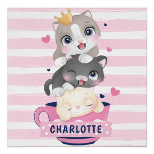 Stacked Cute Cartoon Cats Pink Distressed Stripes Poster