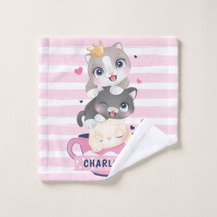 Stacked Cute Cartoon Cats Pink Distressed Stripes Wash Cloth