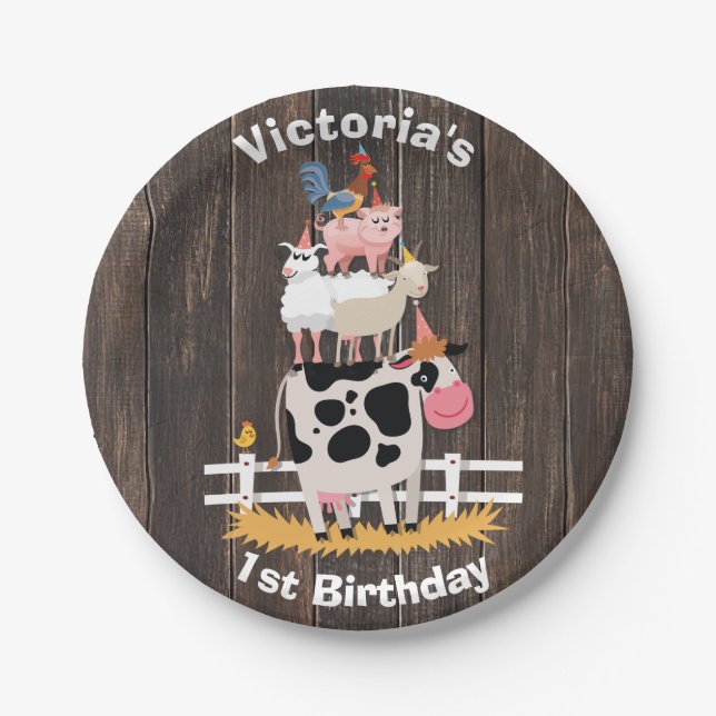 Stacked Farm Animals Barnyard Birthday Party Paper Plate (Front)