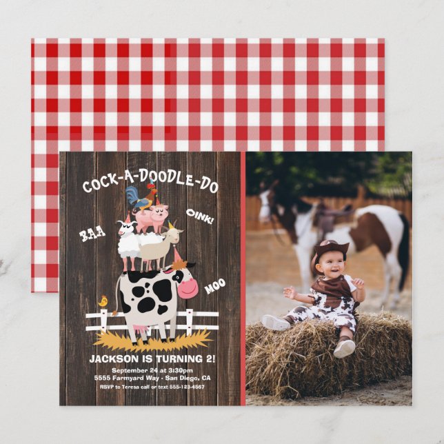 Stacked Farm Animals Barnyard Photo Birthday Party Invitation (Front/Back)