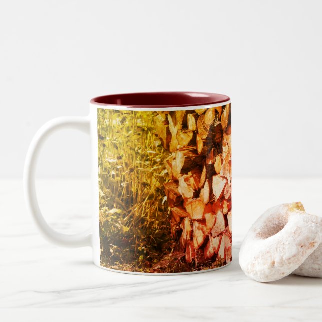 Stacked Firewood Nature Art Photography  Two-Tone Coffee Mug (With Donut)