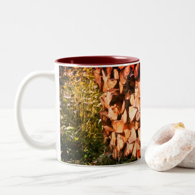 Stacked Firewood Nature Photography  Two-Tone Coffee Mug (With Donut)