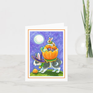 STACKED HALLOWEEN BUNNIES, CANDY CORN, COLORFUL HOLIDAY CARD