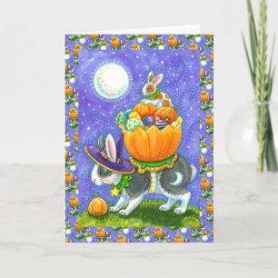 STACKED HALLOWEEN BUNNIES, CANDY CORN, COLORFUL HOLIDAY CARD
