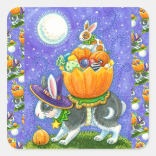 STACKED HALLOWEEN BUNNIES, CANDY CORN, COLORFUL  SQUARE STICKER