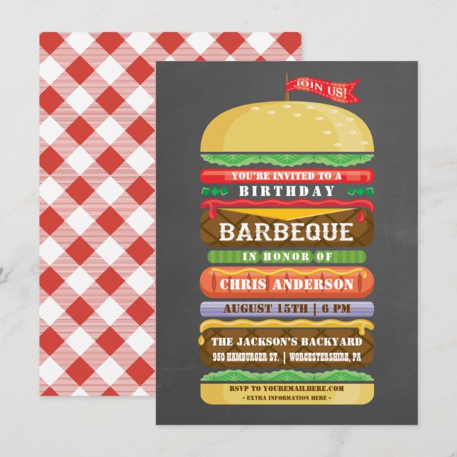 Stacked Hamburger Birthday BBQ Chalkboard Invitation (Front/Back)
