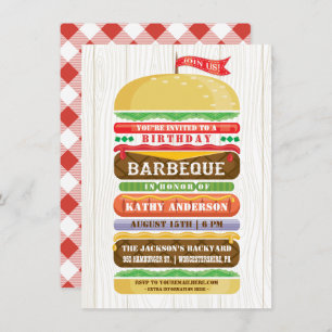 Stacked Hamburger Birthday BBQ Woodgrain Invitation