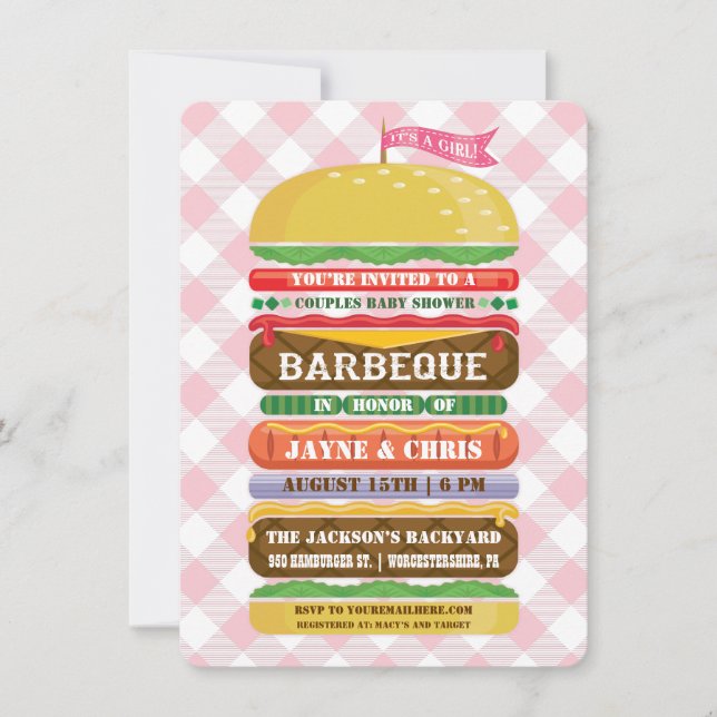 Stacked Hamburger Girl Baby Shower Barbecue Invitation (Front)